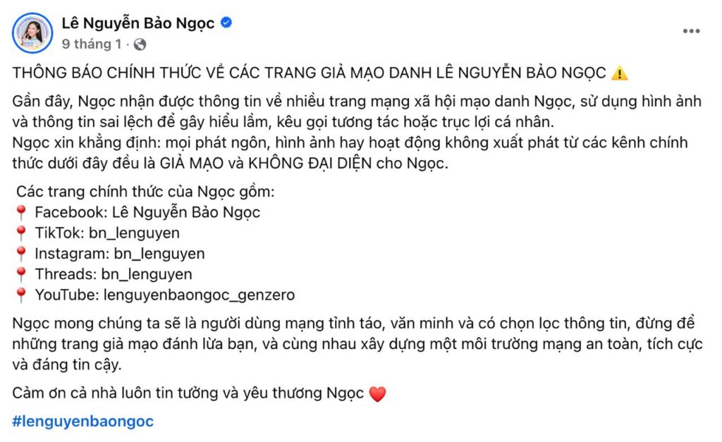Bảo Ngọc Thông Báo Đang Bị Giả Mạo Tài Khoản Mạng Xã Hội